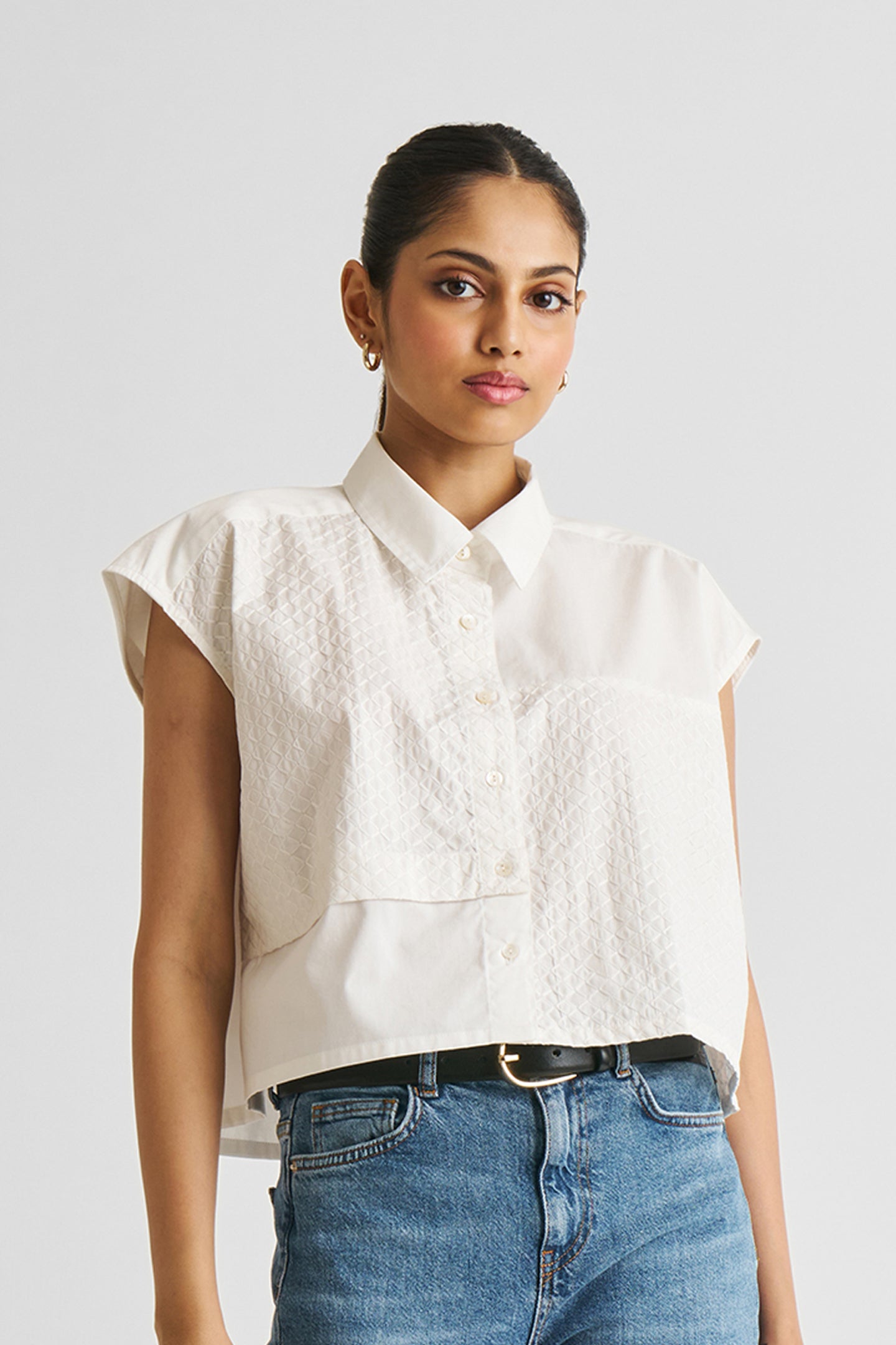 Embroidered Panel Crop Top in White